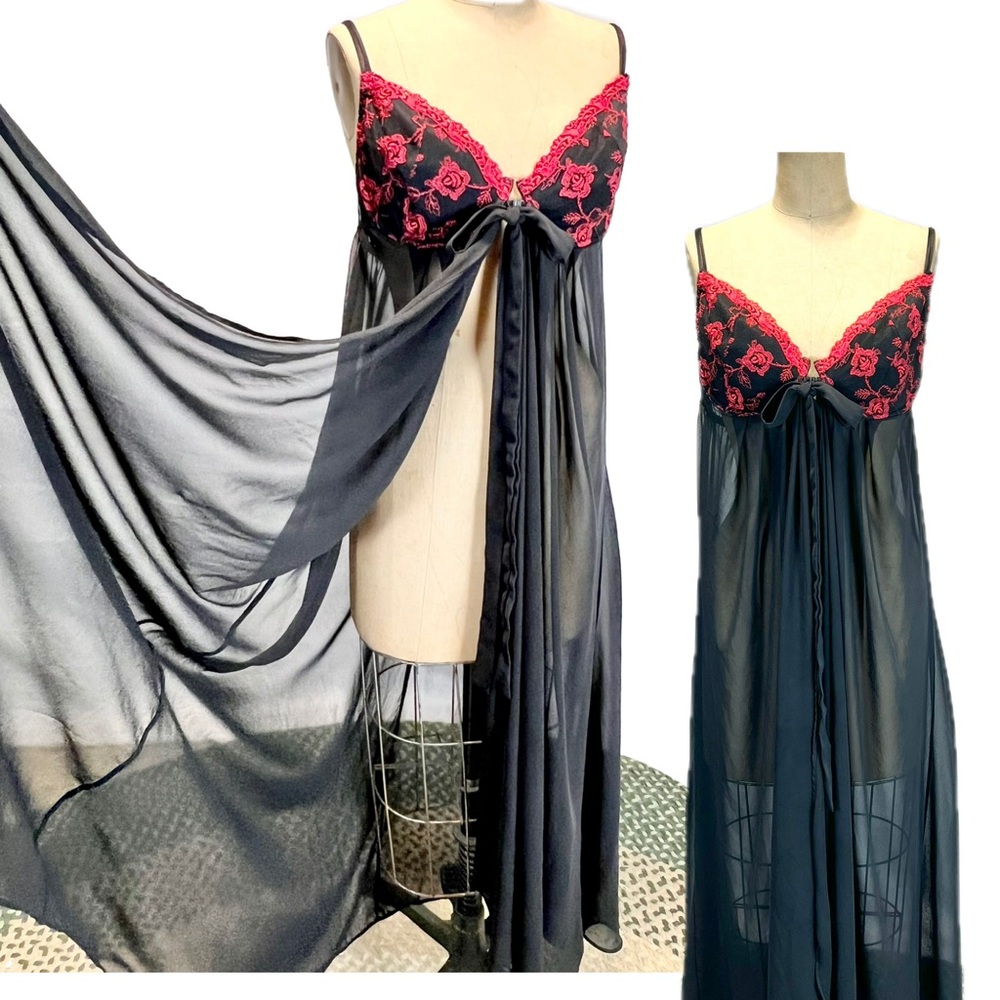 VINTAGE dark moody sexy open front nightgown lingerie sheer chiffon long maxi
